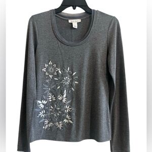 White House Black Market Dark Gray Embroidered Long Sleeve Top Size Small